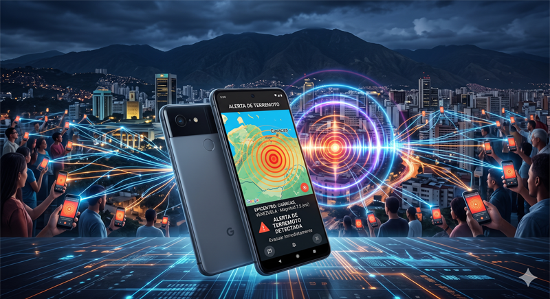 eléfono inteligente mostrando la alerta de sismos de Google durante el terremoto en Caracas, Venezuela, respaldado por una red de dispositivos Android conectados.