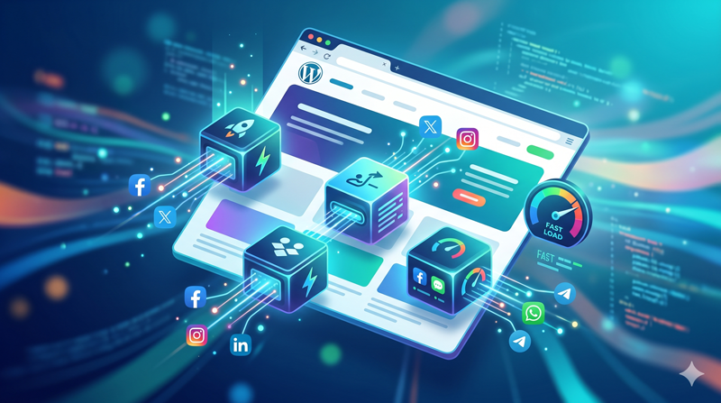 Sitio WordPress con plugins de redes sociales optimizados para carga rápida.